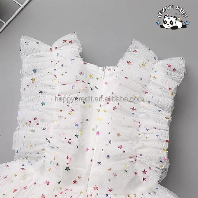 LEZONKIDS - Customize Girls Sequins Romper Tutu Dress Flower Bow knot Dots Print Summer Flutter Sleeves girls  Dresses